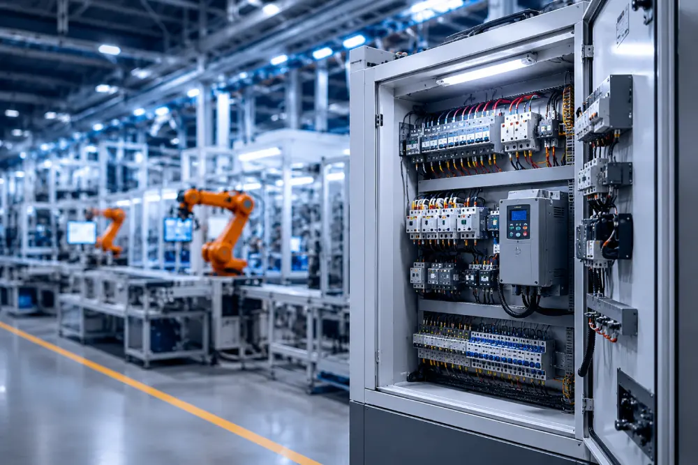 Industrial electrical control panel with automation components inside a modern manufacturing facility in Hyderabad, designed for safe power distribution and industrial automation.