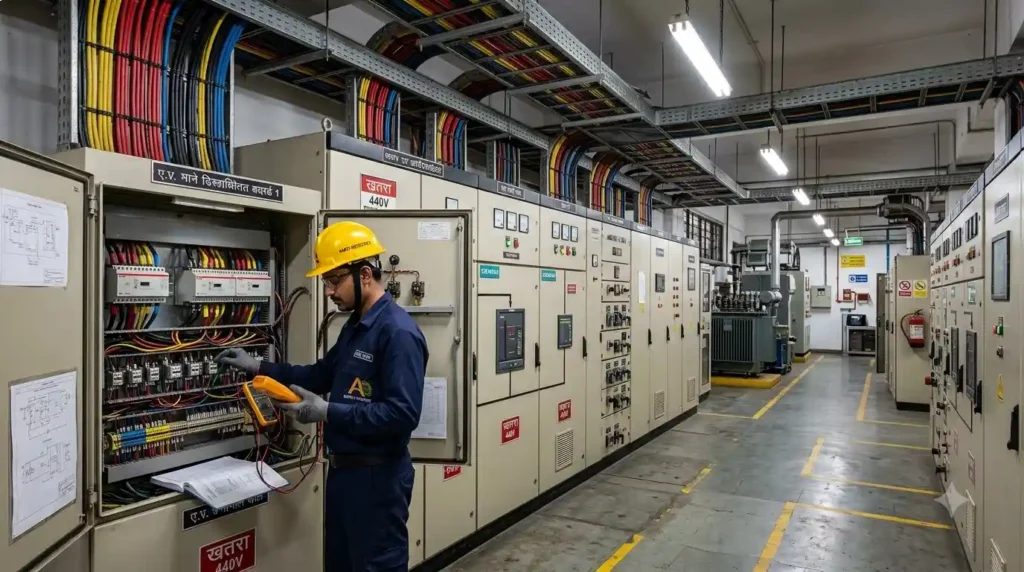 Industrial Electrical Solutions in Hyderabad technician inspecting control panels and power distribution systems at a factory