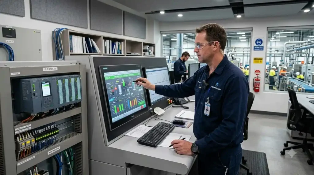 Industrial Automation Systems in Hyderabad PLC panel installed in a manufacturing facility control room