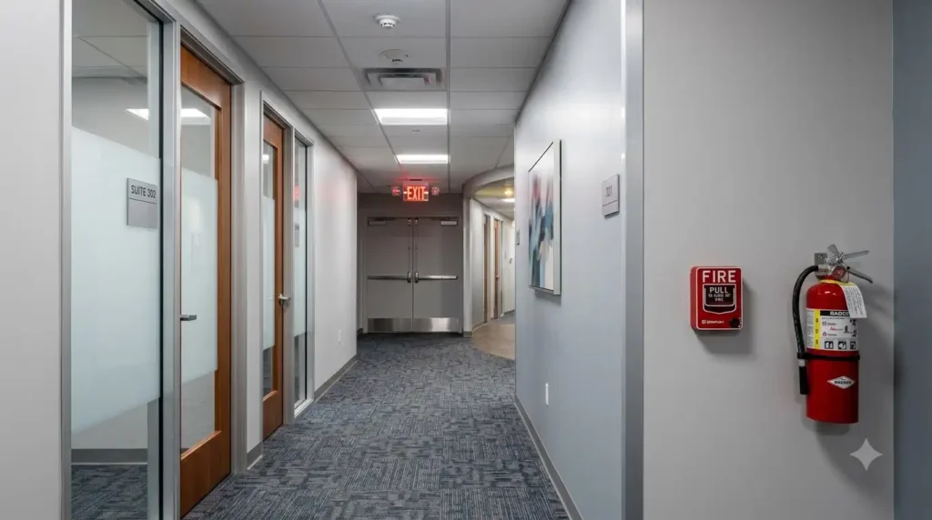 Fire safety system for office in Hyderabad commercial building fire alarm panel and evacuation signage