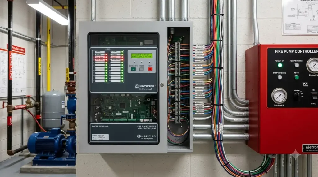 Automatic fire alarm system in Hyderabad control panel coordinating detection and fire pump activation